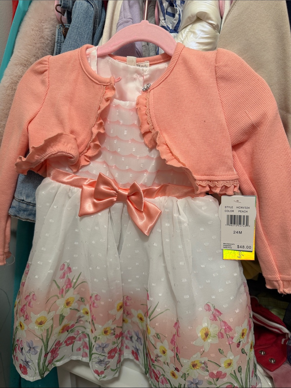 Peach Floral Tulle Dress with Satin Bow and Knit Bolero